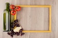 Ingredients Italian pasta on beige board with empty copy space as decorative frame background. Royalty Free Stock Photo
