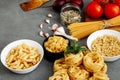 Ingredients for Italian Pasta. Flat lay. Royalty Free Stock Photo