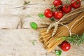 Ingredients for an Italian pasta meal with wholemeal spaghetti w Royalty Free Stock Photo