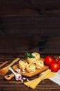 Ingredients for Italian Pasta on wooden table. Picture with free space for text. Royalty Free Stock Photo