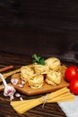 Ingredients for Italian Pasta on wooden table. Picture with free space for text Royalty Free Stock Photo