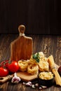 Ingredients for Italian Pasta on wooden table. Picture with free space for text. Royalty Free Stock Photo