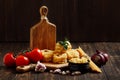 Ingredients for Italian Pasta on wooden table. Picture with free space for text Royalty Free Stock Photo