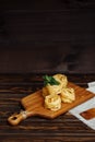 Ingredients for Italian Pasta on wooden table. Picture with free space for text. Royalty Free Stock Photo