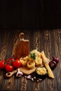 Ingredients for Italian Pasta on wooden table. Picture with free space for text Royalty Free Stock Photo