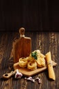 Ingredients for Italian Pasta on wooden table. Picture with free space for text Royalty Free Stock Photo