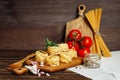 Ingredients for Italian Pasta on wooden table. Royalty Free Stock Photo