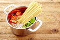 Ingredients for Italian spaghetti in one pot Royalty Free Stock Photo