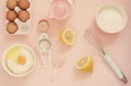 Ingredients and kitchen bake tools for cooking lemon cake or sweets - eggs, flour, hand juicer, sugar on a pastel punchy pink back