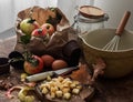 Ingredients for making apple pie, cakes on a rustic wooden background Royalty Free Stock Photo