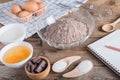 Ingredients for making cake chocolate with Notebook for recordin Royalty Free Stock Photo