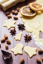 Ingredients for making Christmas cookies. Rolling pin cookie cutters cinnamon flour eggs butter dough on light background with Royalty Free Stock Photo