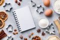 Ingredients for making cookies. Rolling pin cookie cutters cinnamon flour eggs butter on light background with copy space Royalty Free Stock Photo