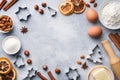 Ingredients for making cookies. Rolling pin cookie cutters cinnamon flour eggs butter on light background with copy space Royalty Free Stock Photo