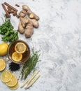 Ingredients for making fragrant tea, ginger, lemon, mint and cinnamon on a white rustic background, space for text Royalty Free Stock Photo