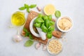 Ingredients for making green pesto sauce. Royalty Free Stock Photo