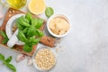 Ingredients for making green pesto sauce. Royalty Free Stock Photo