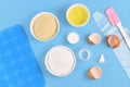 Ingredients for making homemade French Macarons sweets including powdered sugar, ground almonds, egg white, salt and baking tools Royalty Free Stock Photo