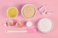 Ingredients for making homemade French Macarons sweets including powdered sugar, ground almonds, egg white, salt Royalty Free Stock Photo