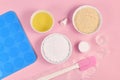 Ingredients for making homemade French Macarons sweets including powdered sugar, ground almonds, egg white, salt and baking tools Royalty Free Stock Photo