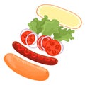 Ingredients for making a hot dog. Lettuce, tomatoes, onions, rolls, sausage, ketchup. Fast food. Royalty Free Stock Photo