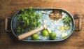 Ingredients for making mojito summer cocktail in metal tray Royalty Free Stock Photo