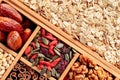 Ingredients for making muesli. Dried fruits  various nuts and seeds Royalty Free Stock Photo