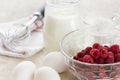 Ingredients for making raspberry mousse on a white table, recipe, diet food. top view