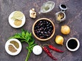 Ingredients for making red bean lobio. Georgian cuisine. Recipes for vegetarians Royalty Free Stock Photo