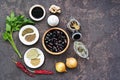 Ingredients for making red bean lobio. Georgian cuisine. Recipes for vegetarians Royalty Free Stock Photo