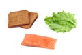 Ingredients for making sandwich. Salmon, fresh vegetables, bread,. Isolated on white background,