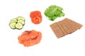 Ingredients for making sandwich. Salmon, fresh vegetables, tomatoes, crispbread,. Isolated on white background,