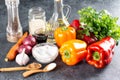 Ingredients for making a spicy salad with bell peppers, carrots, vegetables and sesame seeds. Step by step recipe Royalty Free Stock Photo