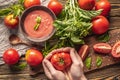 Ingredients for making tomato basil sauce, a bowl with fresh sauce and hands holding a ripe homemade tomato Royalty Free Stock Photo