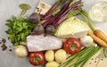 Ingredients for making Ukrainian borscht. Fresh vegetables and meat on the table. The concept of cooking borscht. Royalty Free Stock Photo