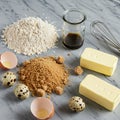 Ingredients on a marble surface include a pile of all-purpose flour, a mound of brown Royalty Free Stock Photo