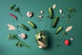 Ingredients for marinated gherkins, pickled cucumbers on blue background. Culinary recipe. Concept of vegetables Royalty Free Stock Photo