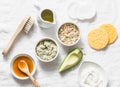 Ingredients for moisturizing, nourishing, anti-aging wrinkle face mask - avocado, olive oil, oatmeal, natural yogurt on light back Royalty Free Stock Photo