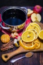 Ingredients for mulled wine. Oranges, wine and spices for making a hot drink