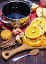 Ingredients for mulled wine. Oranges, wine and spices for making a hot drink