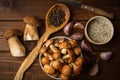 Ingredients for mushroom soup on wooden rustic background, top view