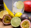 Ingredients for non-alchoholic exotic cocktail made from frech tropical fruits