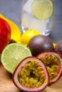 Ingredients for non-alchoholic exotic cocktail made from frech tropical fruits