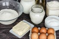 Ingredients for pancakes: milk, eggs, sugar, salt, flour, vegetable oil on a wooden white background. Royalty Free Stock Photo