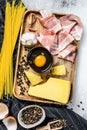 Ingredients for Pasta Carbonara. Traditional Italian food. Gray background. Top view Royalty Free Stock Photo