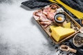 Ingredients for Pasta Carbonara. Traditional Italian food. Gray background. Top view. Copy space Royalty Free Stock Photo