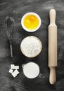 Ingredients for pastries: flour, eggs, milk against a dark background