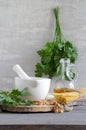 Ingredients for pesto with walnut and parsley