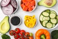 Ingredients for poke bowl on white textured table, flat lay