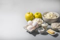 Ingredients for preparation of apple and cottage cheese pie mockup Royalty Free Stock Photo